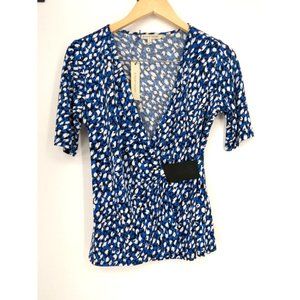 41 HAWTHORN V Neck Wrap style black blue & white short sleeve stretch sz small N